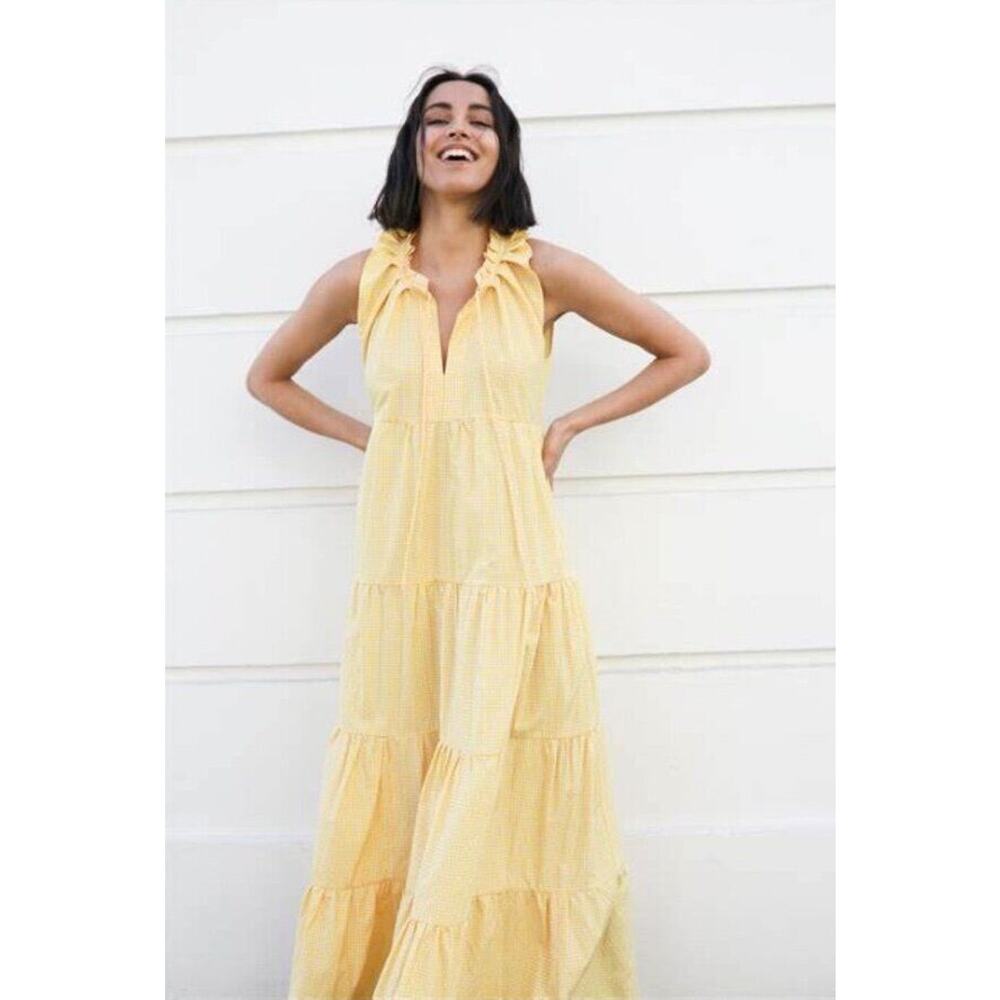 CATHERINE PREVOST Sz L Large Yellow Gingham Check Sleeveless Maxi Dress Athene